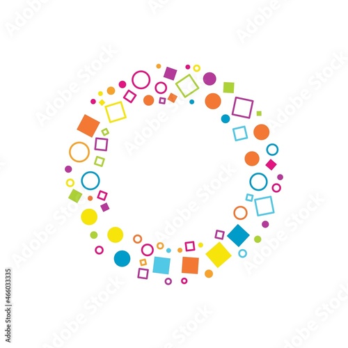 Colorful geometric circles, squares frame - wreath. Abstract vector background with colorful circles, squares shapes consisting of spherical geometric particles. Colorful halftone.