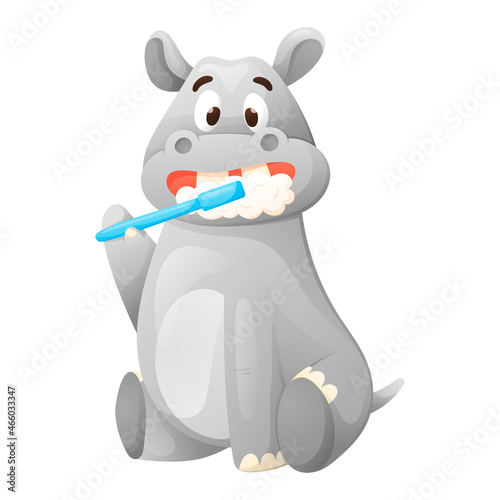 Vector isolated illustration of cartoon funny sitting hippo with toothbrush and foam.