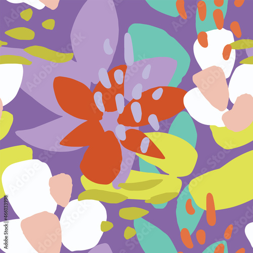Hand painted large scale floral seamless vector pattern. Abstract colourful composition of graphic shapes for background or packaging design.