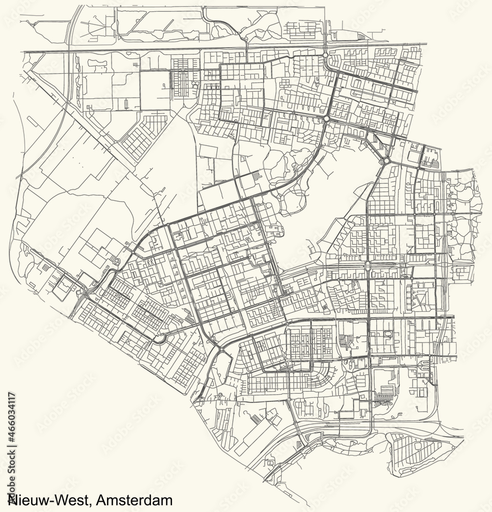 Detailed navigation urban street roads map on vintage beige background of the quarter Nieuw-West (New-West) district of the Dutch capital city of Amsterdam, Netherlands