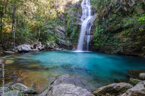 Beautiful Santa Barbara waterfall, with crystal clear blue turquoise water, near Cavalcante, Chapada dos Veadeiros, Brazil
