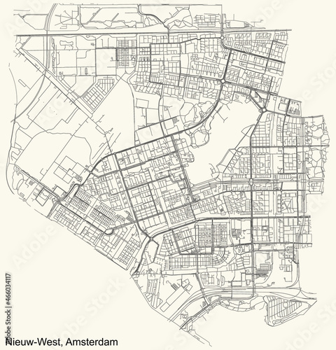 Detailed navigation urban street roads map on vintage beige background of the quarter Nieuw-West (New-West) district of the Dutch capital city of Amsterdam, Netherlands