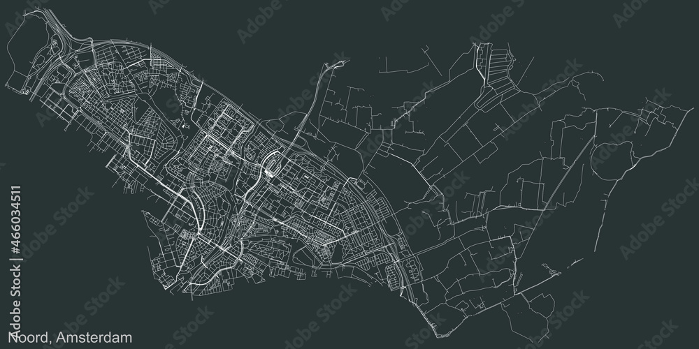 Detailed negative navigation urban street roads map on dark gray background of the quarter Noord (North) district of the Dutch capital city of Amsterdam, Netherlands