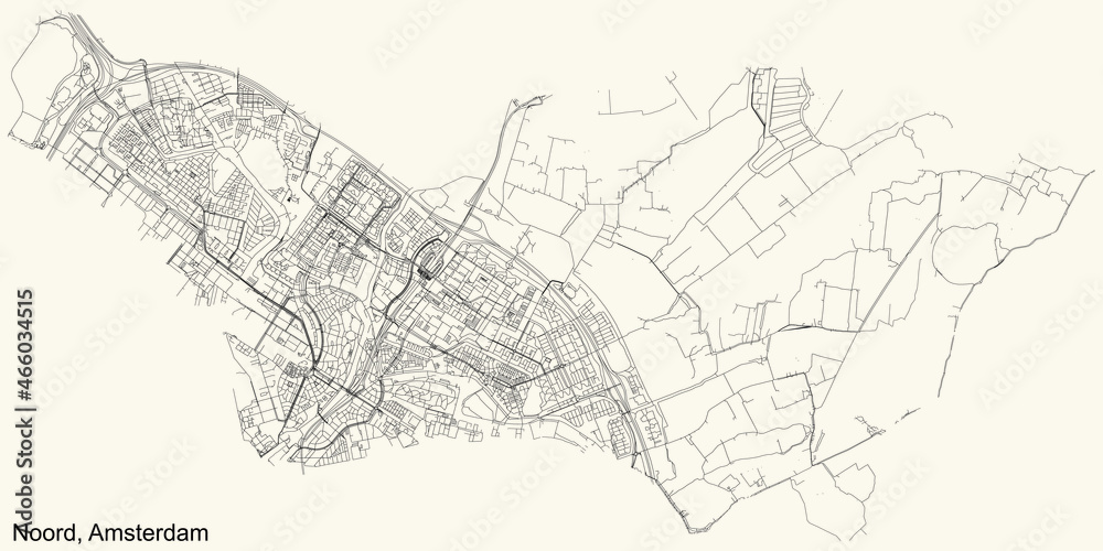 Detailed navigation urban street roads map on vintage beige background of the quarter Noord (North) district of the Dutch capital city of Amsterdam, Netherlands