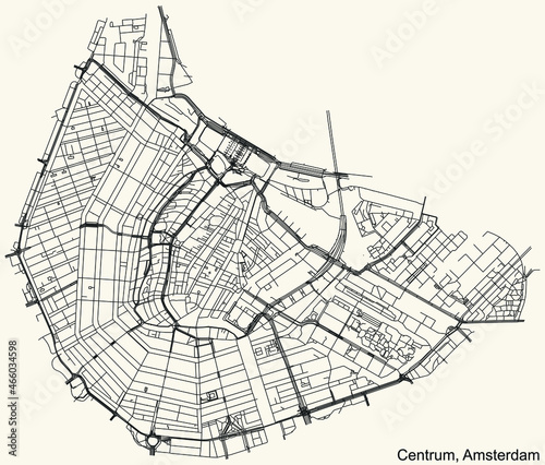 Detailed navigation urban street roads map on vintage beige background of the quarter Centrum (Central) district of the Dutch capital city of Amsterdam, Netherlands