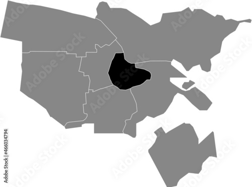 Black location map of the Centrum (Central) district inside gray urban districts map of the Dutch capital city of Amsterdam, Netherlands