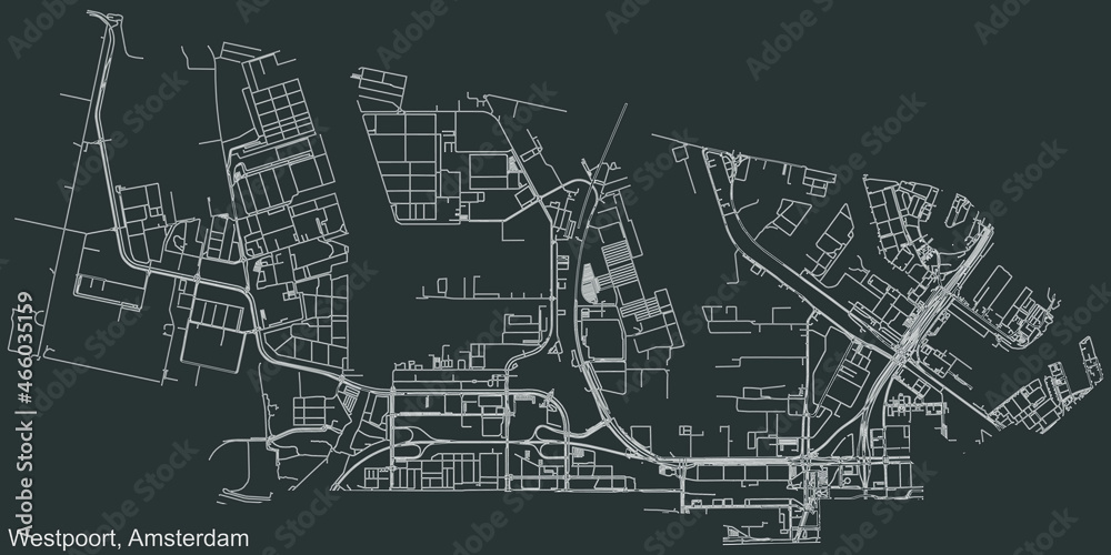 Fototapeta premium Detailed negative navigation urban street roads map on dark gray background of the quarter Westpoort (West Port) district of the Dutch capital city of Amsterdam, Netherlands