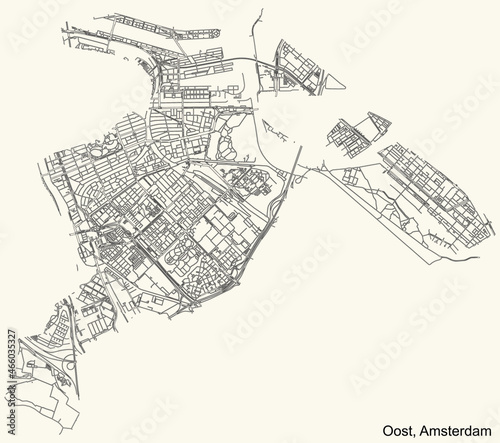 Detailed navigation urban street roads map on vintage beige background of the quarter Oost (East) district of the Dutch capital city of Amsterdam, Netherlands