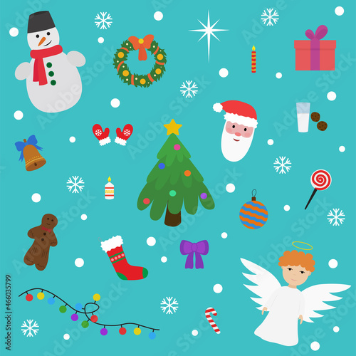Christmas set. Santa Claus, spruce, snowman, snowflakes, gift, garland, angel, etc. Vector illustration.