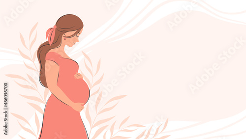Banner about pregnancy and motherhood with place for text. Pregnant woman, future mom of hugging belly with arms. Happy Mother's Day. Flat vector illustration.