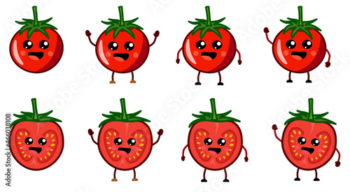 Cute kawaii style tomato vegetable  icon, smiling. Whole and cross cut version with hands raised, down or waving