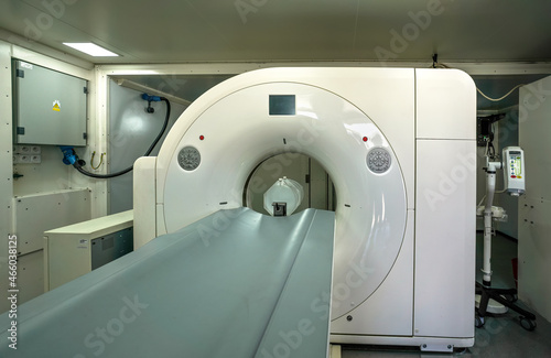 CT or computed tomography scanner inside army mobile field container ambulance