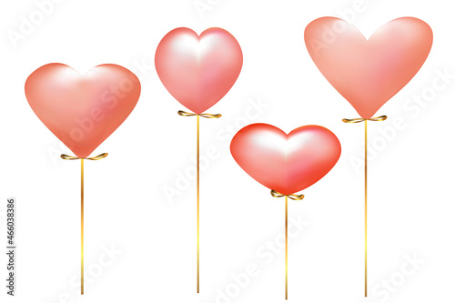 Set of realistic air helium balloon heart-shaped with ribbon. Colorful collection of festive ballons isolated in air. Party decorations for Valentines Day, birthday, anniversary. 3d vector