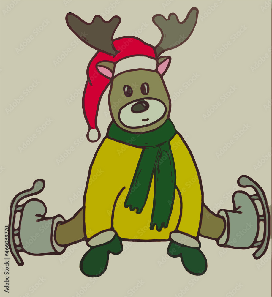 Fototapeta premium Cheerful deer sits in skates on the ice. Flat vector illustration.