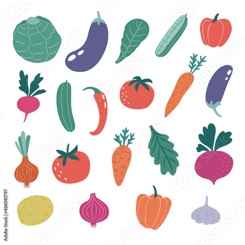 Set of cartoon vegetables in flat style. Potatoes, garlic, beet, cabbage, tomatoes, asparagus, pepper, radish, onions, cucumbers, eggplant isolated on white. Vector illustration