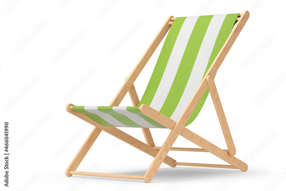 Green striped beach chair for summer getaways isolated on white background.