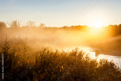 Fototapeta Naklejka Na Ścianę i Meble -  The sun peaks over the distant tree line as steam and fog collect in the marshy river basin in Waukesha County, Wisconsin on an autumn morning.