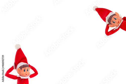Christmas Elf toy on an isolated white background with copy space. Christmas spirit, Christmas shelf tradition.

