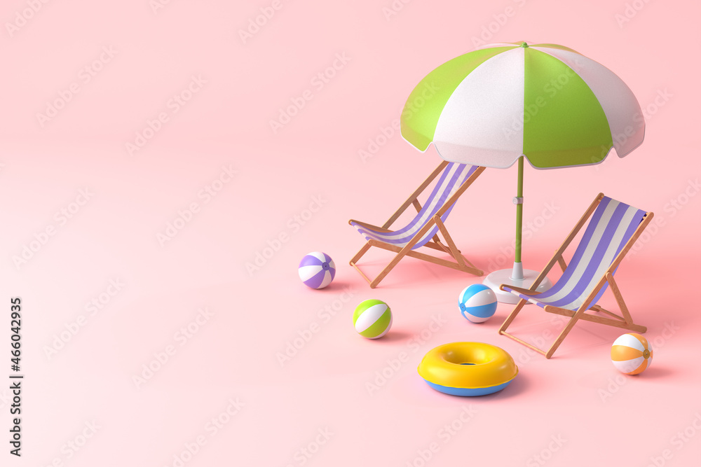 Beach chair with umbrella and beach ball on pink background. - obrazy, fototapety, plakaty 