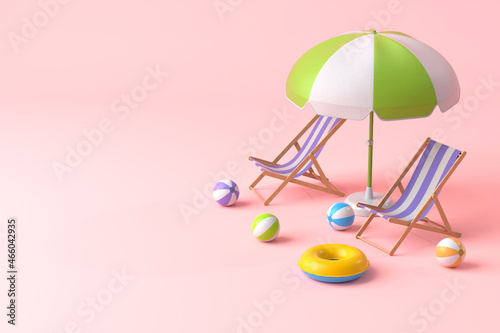 Fotografia Beach chair with umbrella and beach ball on pink background.