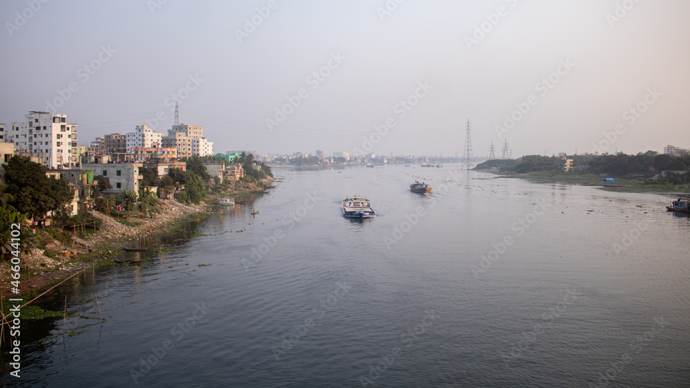 Picture of Dhaka city on the banks of river Buriganga.The river Buriganga has enhanced the beauty of the capital city Dhaka.