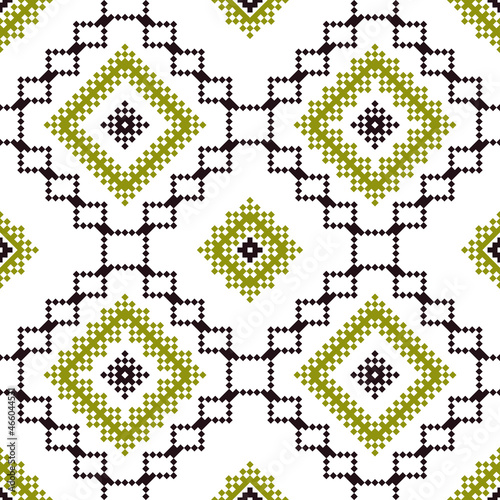 Geometric seamless pattern of pixel ornament.