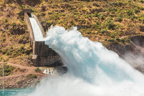 Spillway on the Nurek Dam, on the Kyzylsu River. photo