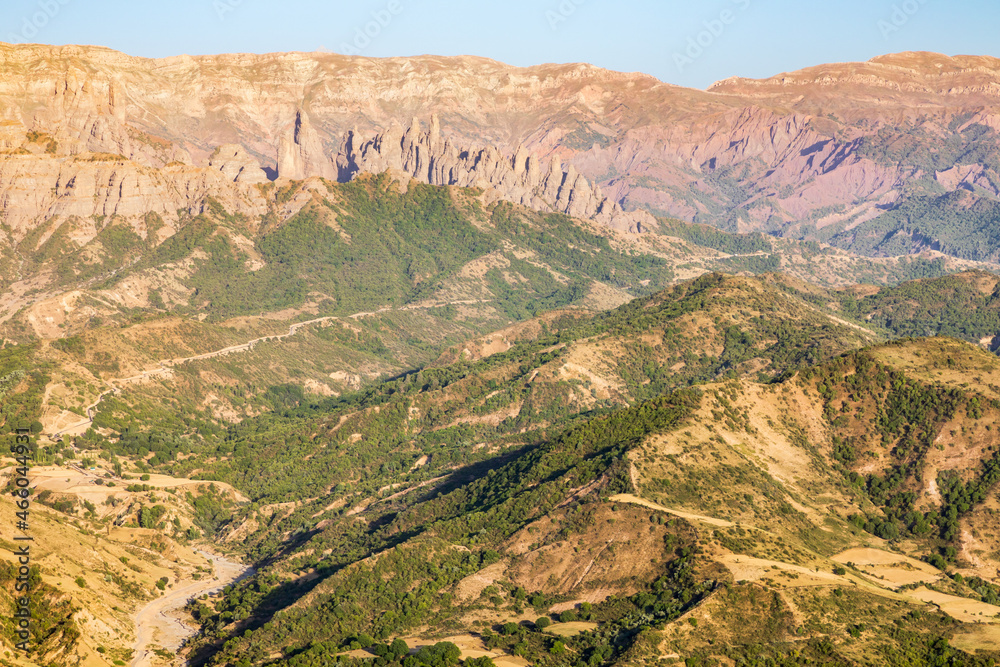 Mountainous landscape in rural Tajikistan.