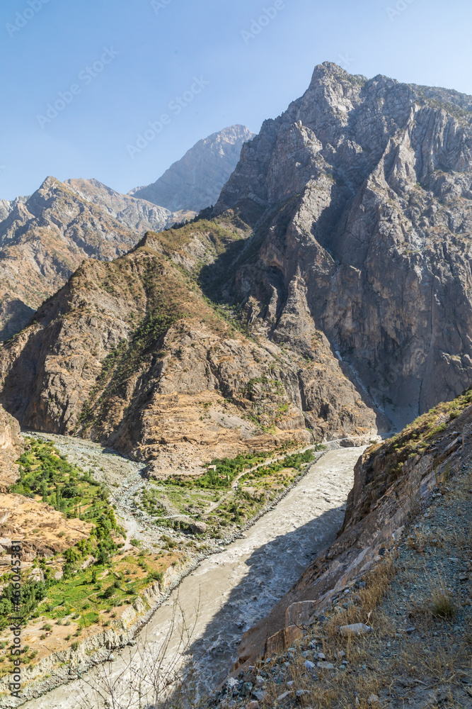 The canyon of the Panj River in rugged mountains on the border of Afghanistan and Tajikistan.