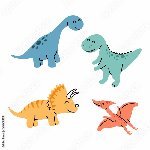 Cute dinosaurs doodles set scandinavian style. Funny cartoon dinos. Hand drawn vector doodle design for girls, kids. Hand drawn children's illustration for fashion clothes, shirt, fabric, wall poster