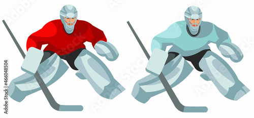 Two vector isolated figures of a hockey goalkeeper in uniform in different colors standing with a stick
