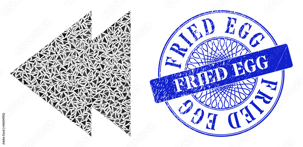 Move left mosaic of triangle items, and Fried Egg corroded stamp seal. Blue stamp seal has Fried Egg text inside circle form. Vector move left mosaic is constructed with different triangle items. Move left mosaic of triangle items, and Fried Egg corroded stamp seal. Blue stamp seal has Fried Egg text inside circle form. Vector move left mosaic is constructed with different triangle items.