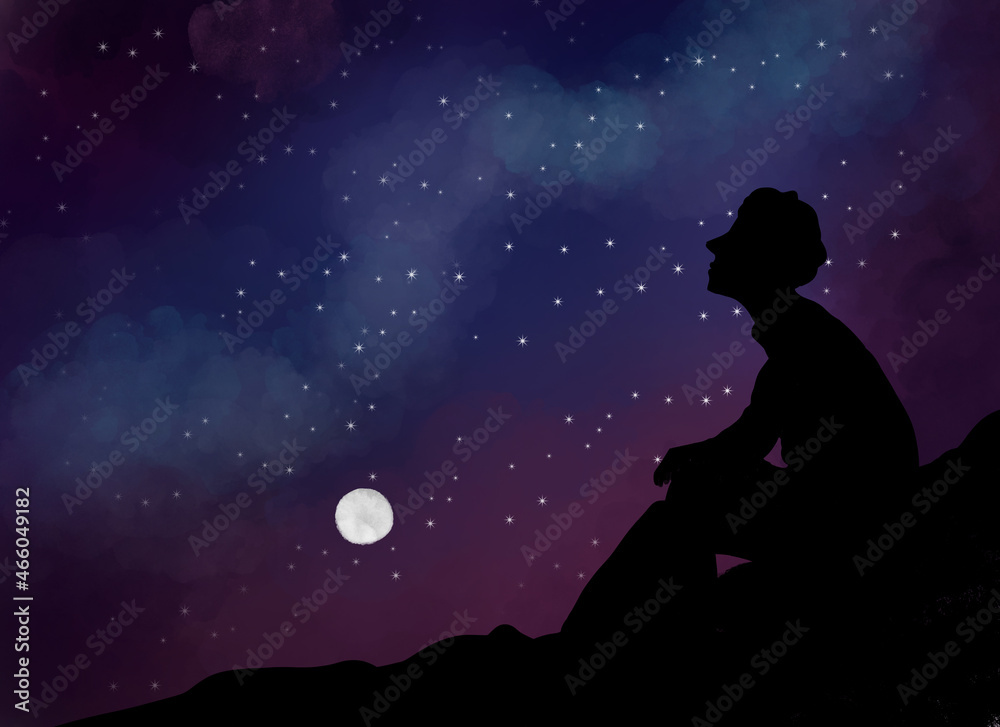 silhouette of a man under the night starry sky and full moon silhouette of a man under the night starry sky and full moon