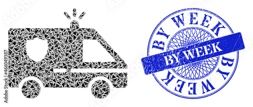 Police car mosaic of triangle items, and By Week rubber seal print. Blue seal contains By Week caption inside round shape. Vector police car mosaic is organized of scattered triangle elements.