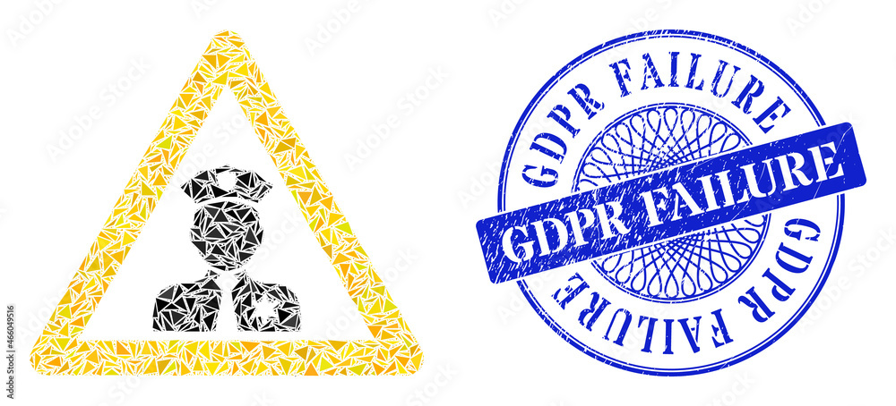 Obraz premium Policeman warning collage of triangle items, and Gdpr Failure dirty seal imitation. Blue stamp seal includes Gdpr Failure title inside circle form.