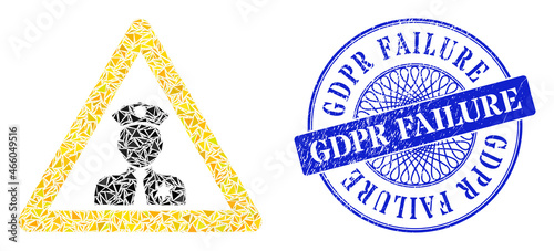 Policeman warning collage of triangle items, and Gdpr Failure dirty seal imitation. Blue stamp seal includes Gdpr Failure title inside circle form.