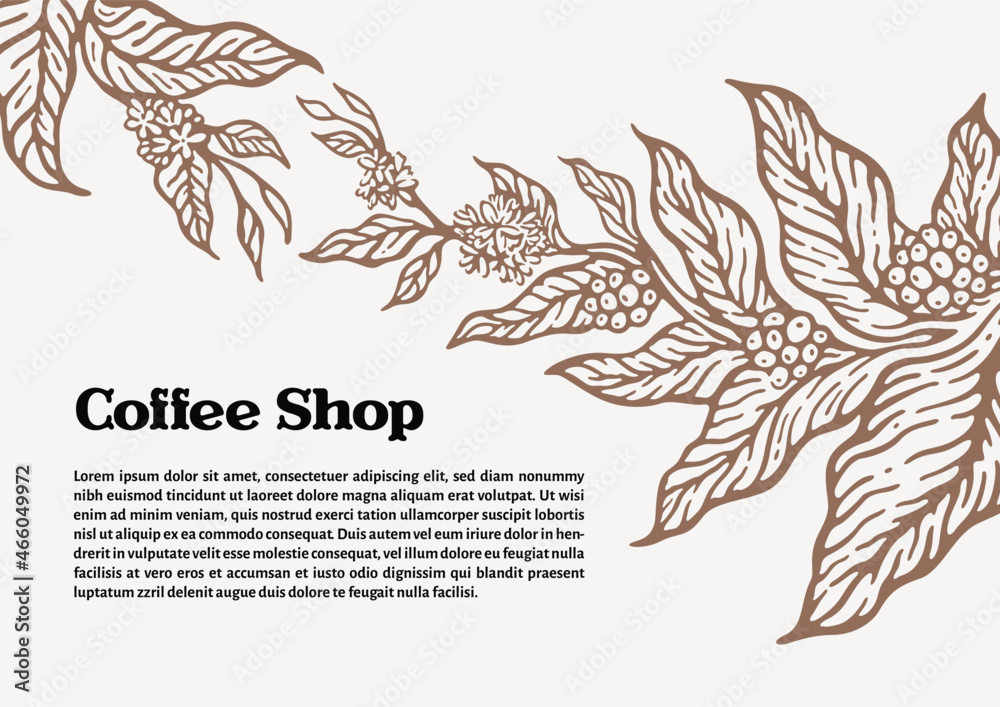 Coffee tree branch template with natural coffee leaves and beans ...