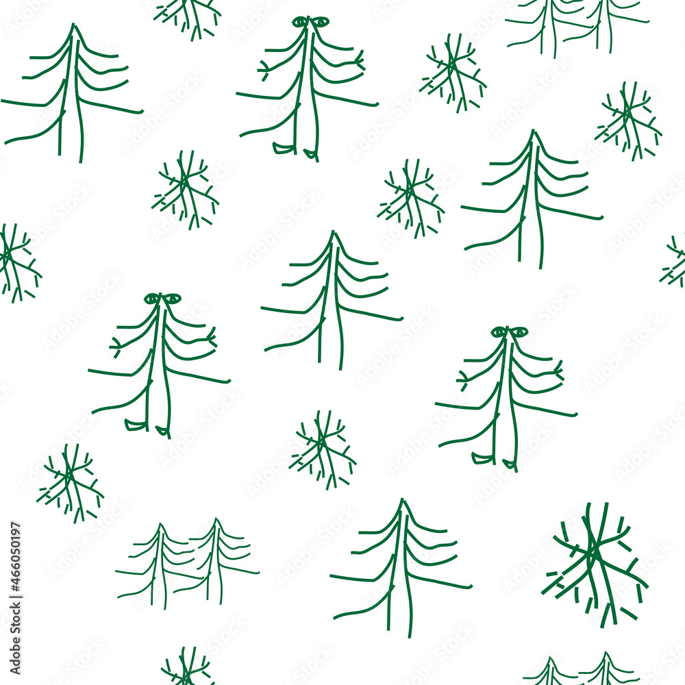 Obraz premium Vector. Christmas and New Year seamless pattern. Green fir trees and snowflakes on a white background in doodle style. Children's drawing. Print on fabric, endless background for wrapping paper.