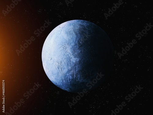 Realistic exoplanet in deep space, beautiful stone planet in blue tones 3d illustration