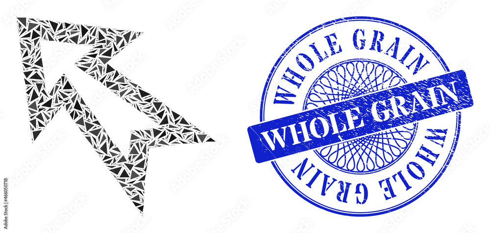 Obraz premium Arrow left up mosaic of triangle, and Whole Grain textured stamp. Blue stamp seal includes Whole Grain caption inside circle form. Vector arrow left up mosaic is made of random triangle elements.