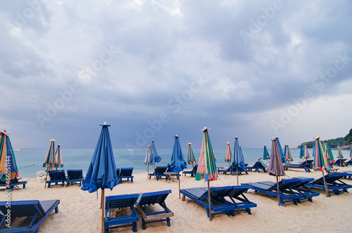Sea Beach with sunloungers and umbrellas.