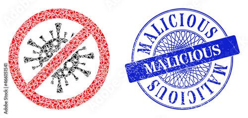 Stop coronavirus collage of triangle parts, and Malicious textured seal imitation. Blue stamp seal includes Malicious caption inside circle form.