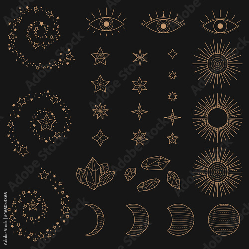 Set of alchemy esoteric mystical magic celestial icons, sun, moon phases, stars. Golden magical asmr icons and logos, minimalistic vector illustrations