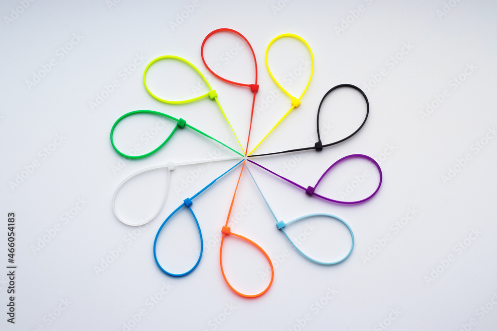 Multicolored plastic cable ties arranged in a circle Multicolored plastic cable ties arranged in a circle