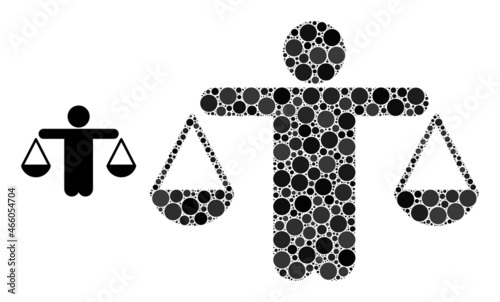Judge compare vector collage of circle dots in various sizes and color tinges. Circle elements are composed into judge compare vector collage. Abstract vector design concept.