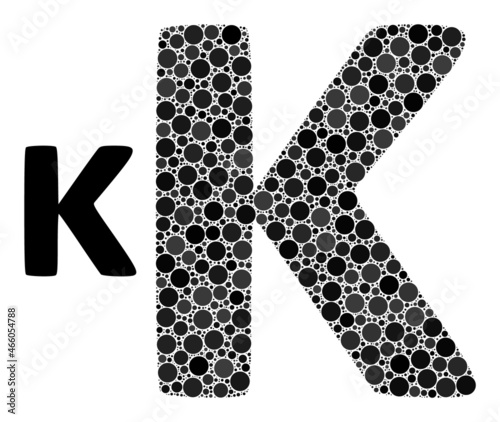 Kappa Greek lowercase symbol vector mosaic of dots in various sizes and color tones. Circle dots are combined into Kappa Greek lowercase symbol vector mosaic. Abstract vector illustration.
