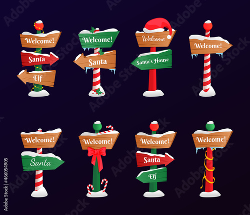 Set of wooden street signs in the snow, winter pointers in flat style. Winter holiday xmas symbol, cartoon banner. Vector illustration EPS10