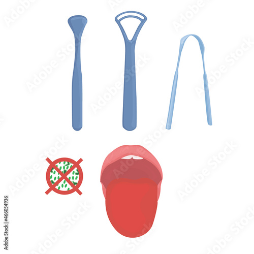 cleaning the tongue from plaque. tongue cleaning tools isolated on white background. Brush, scraper, spoon for cleaning plaque. oral hygiene. set of elements. vector flat.