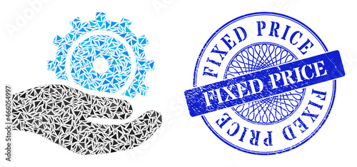 Development service collage of triangle items, and Fixed Price scratched stamp seal. Blue seal has Fixed Price text inside circle form.