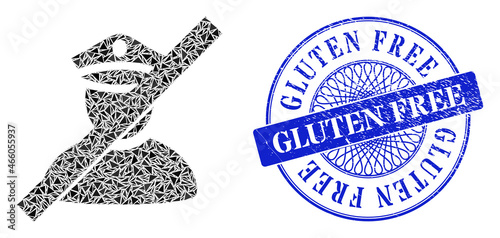 Not allowed police mosaic of triangle items, and Gluten Free grunge stamp. Blue stamp has Gluten Free caption inside circle form.